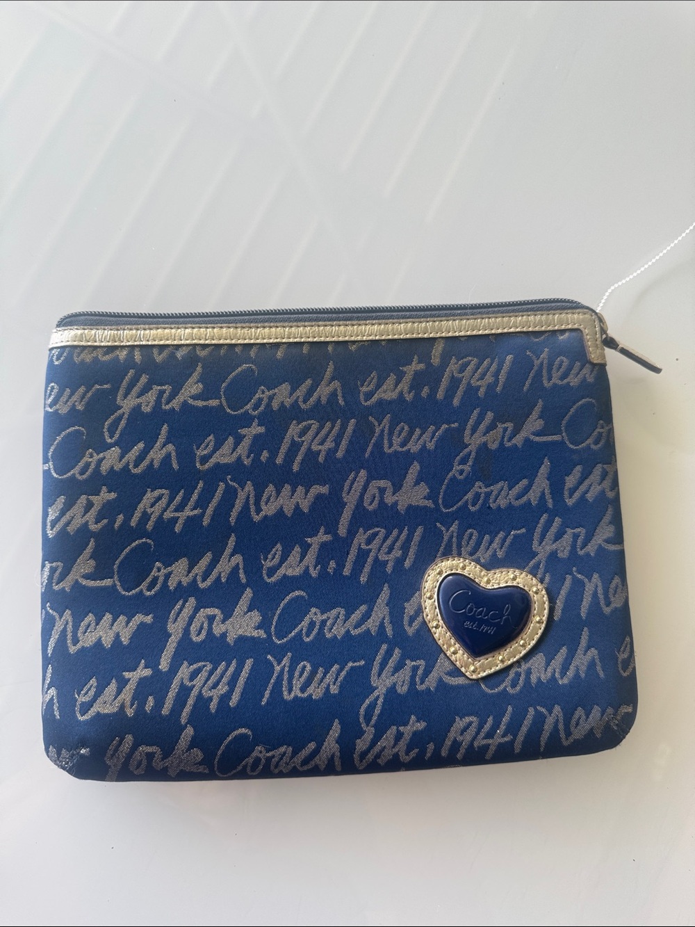 Coach Navy Script Signature padded clutch or iPad bag with Gold Heart Trim